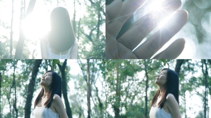 女孩在森林中感受阳光4k视频素材