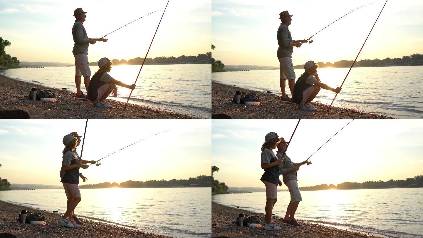 好奇的男孩，和爷爷一起享受周末的钓鱼冒险，享受每一刻