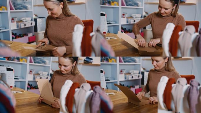 SLO MO女裁缝为她的织物产品组装卡片盒