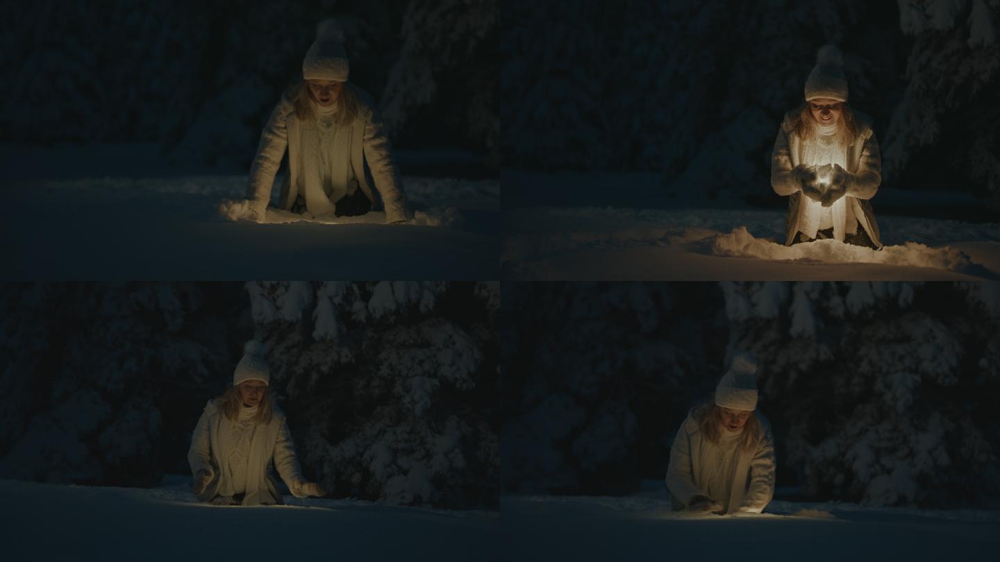 在雪中挖掘并捡起发光物体的女人