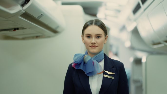 空姐在飞机上工作时微笑的肖像。