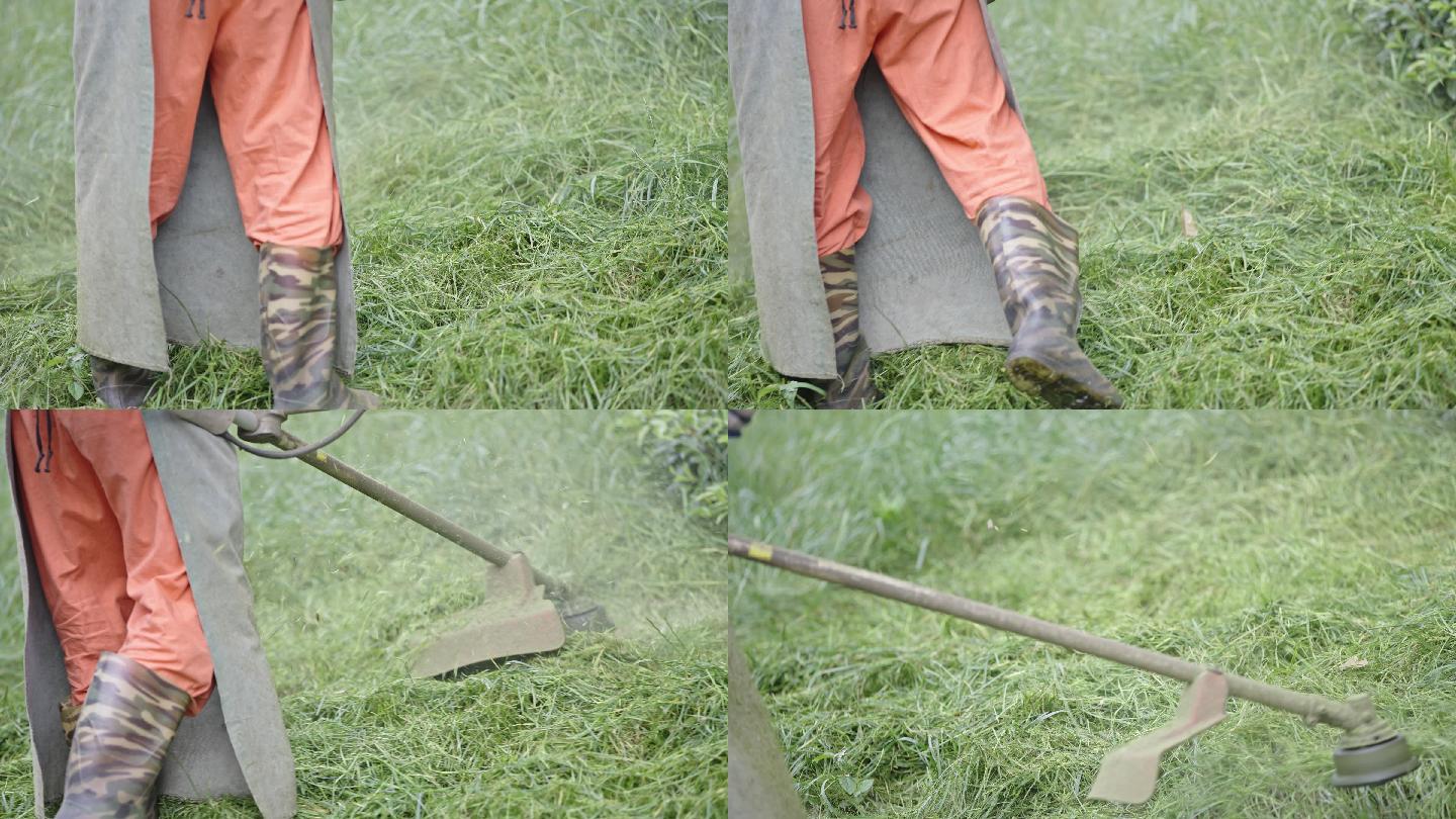 环卫工人使用除草机除草慢动作