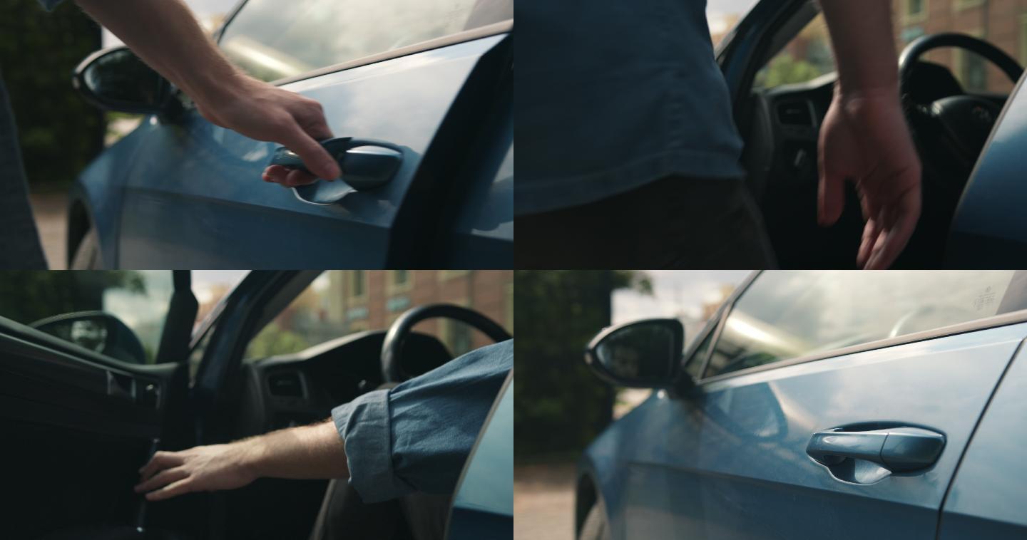 一个男人打开司机车门的手的特写镜头，一辆蓝色汽车的特写镜头。
