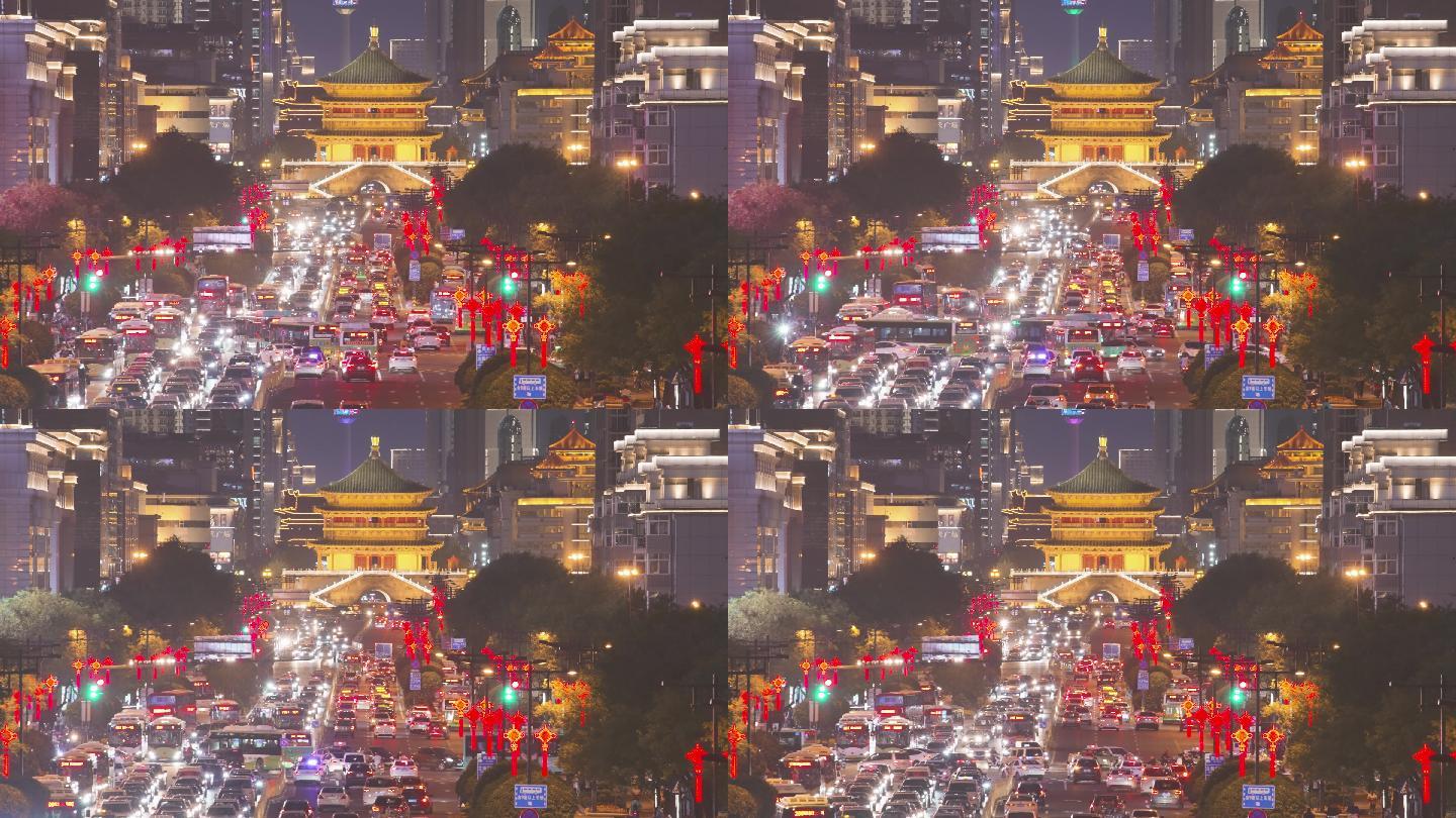 日落时分的城市交通视图，中国西安。