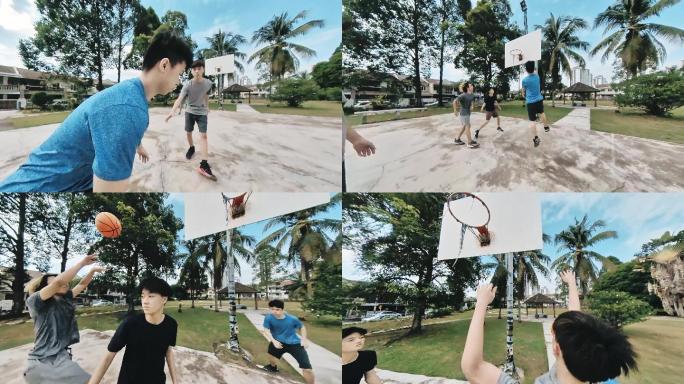 Z代亚裔中国少年周末早上一起打篮球