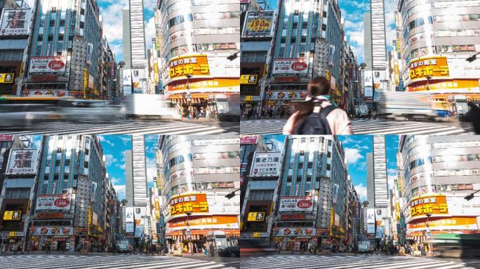 4K延时：缩小日本东京哥斯拉路新宿区购物街上的交通和人群