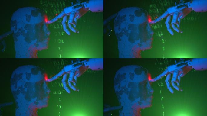 用于机器学习的类人机器人手在二进制代码背景下触摸半机械人形状半身像的4K视频