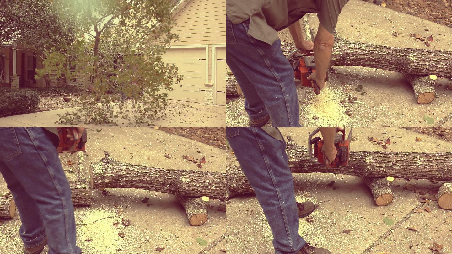 那个人把树砍倒，然后把它锯成壁炉原木。