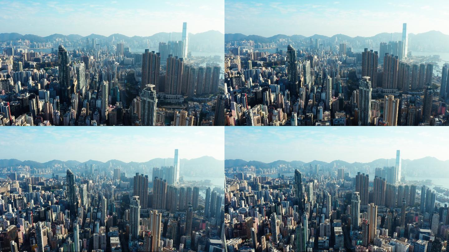 日落时分香港城的无人机视图