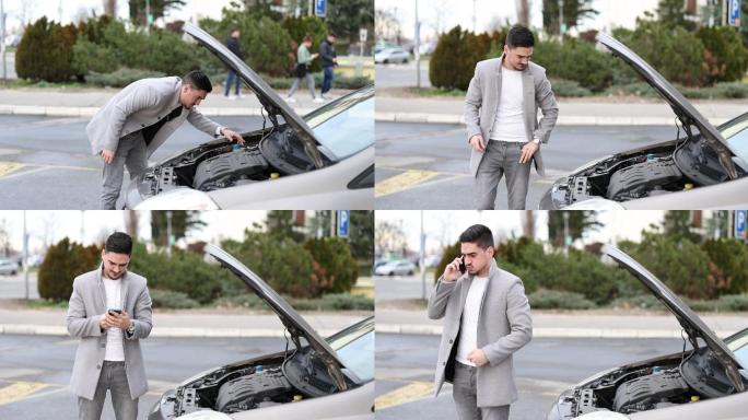 商人站在破碎的汽车旁讲电话打开了胡德路帮助修理压力问题紧急保险汽车