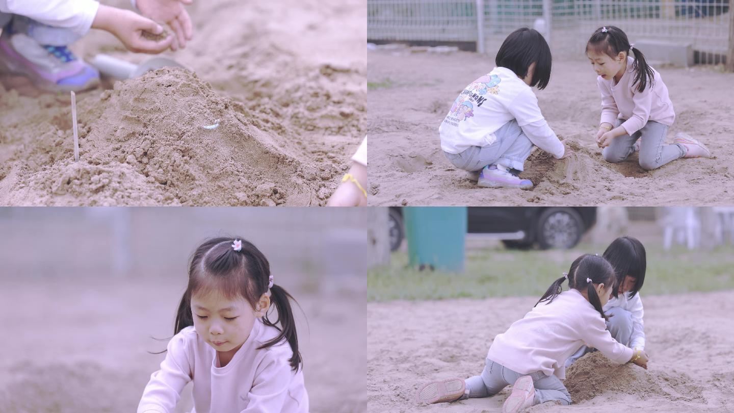 小清新风格：两个小女孩玩沙子