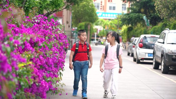 小学生放学回家在路上谈话