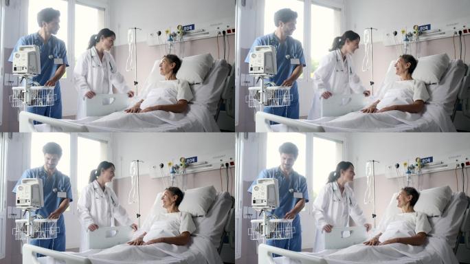 一位女医生正在检查躺在床上的病人。