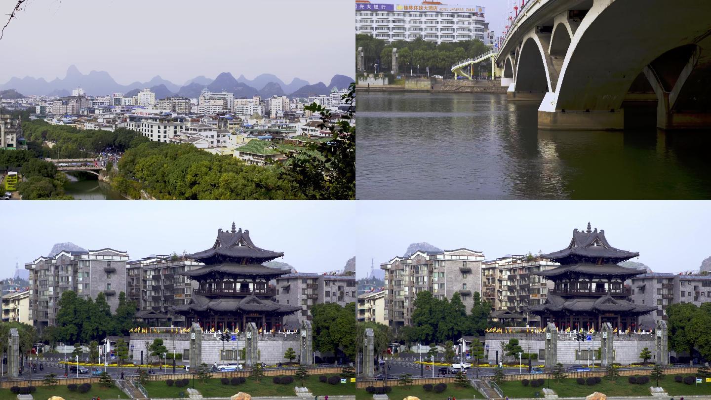 桂林空镜街景车流古塔桥梁