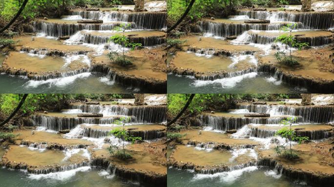 泰国坎查那布里Srinakarin大坝热带雨林怀美Khamin瀑布（四楼）。怀美Khamin瀑布是泰