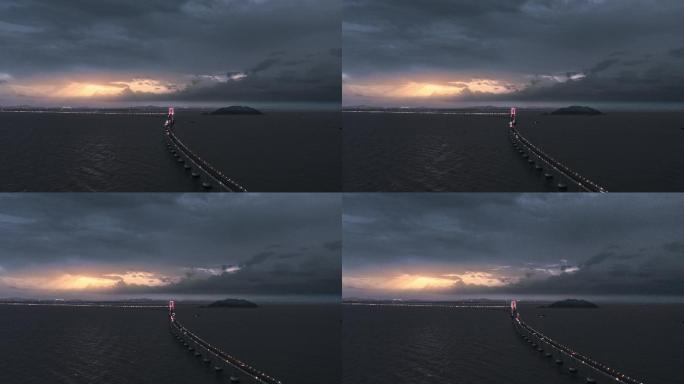 【4K超清】南澳大桥夕阳闪电航拍