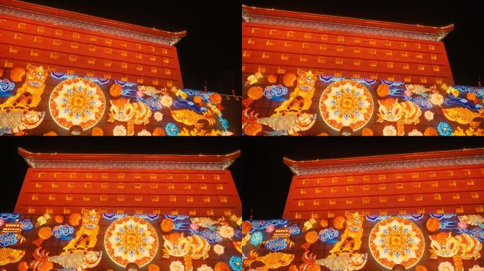 中国陕西西安，庆祝中国春节的古城墙上的灯笼视图
