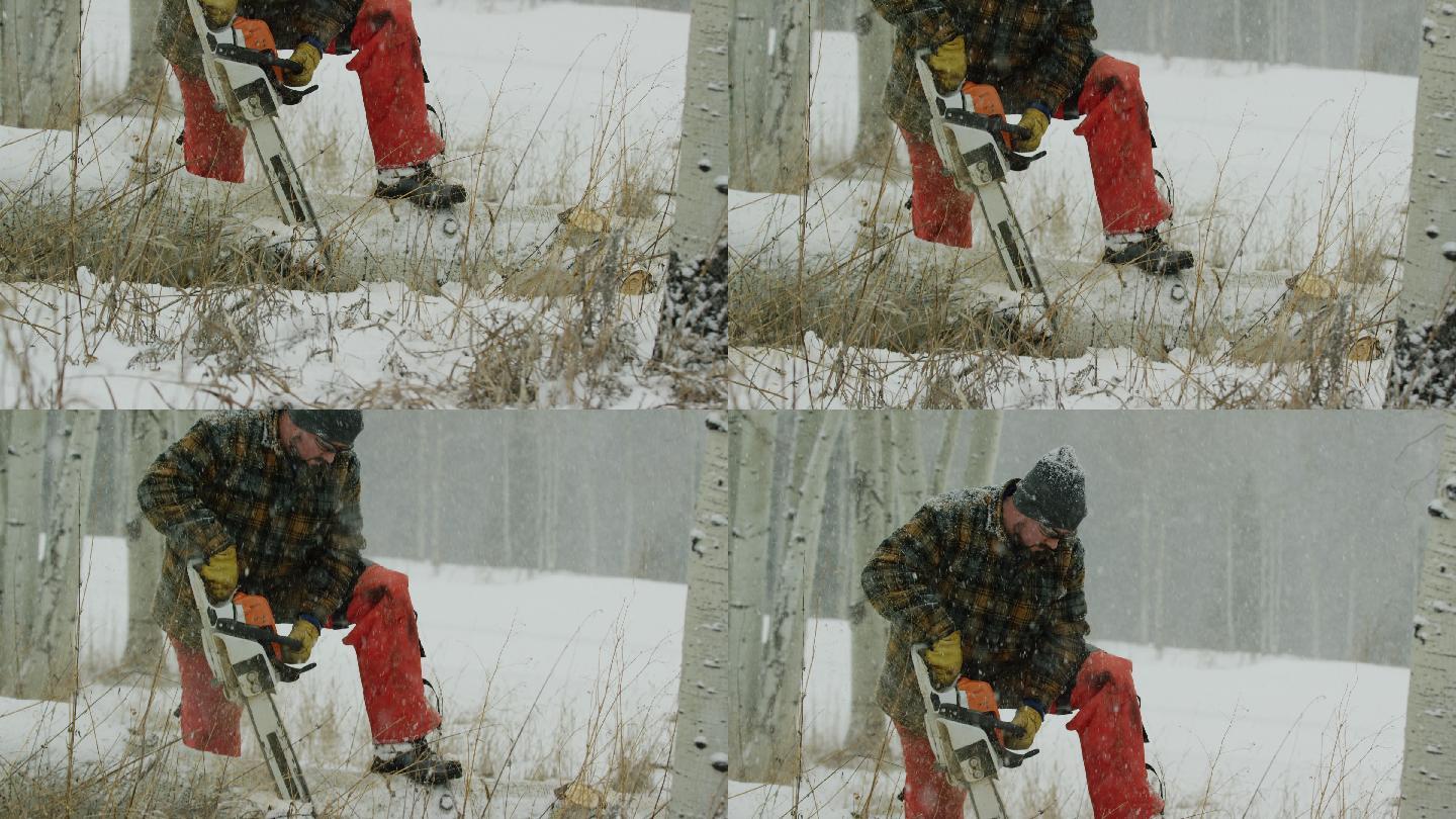 在一个下雪的冬日里，一名30多岁的白人男子用电锯锯砍断了一根白杨木原木
