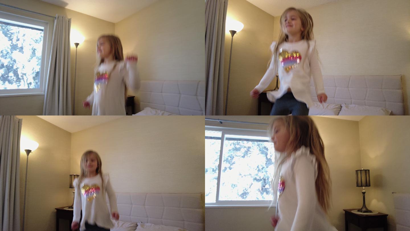 小女孩冒险活动在现代卧室中跳跃和玩耍家庭4K视频系列