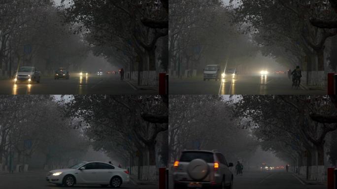 清晨街道上的行人和车辆，烟雾笼罩