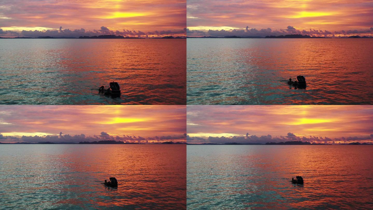 日落，渔夫在海上夕阳海浪剪映傍晚玩下落日