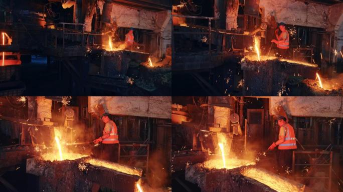 CS男工人在铸造厂清除熔融金属中的熔渣