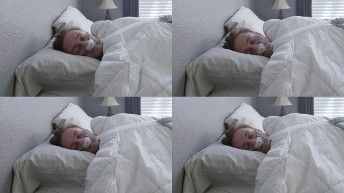 一名患有睡眠呼吸暂停症的年轻男子侧躺在床上，戴着CPAP面罩，特写镜头