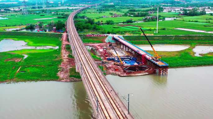宁马城际铁路修桥梁施工现场航拍视频素材