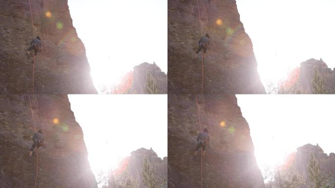 攀岩者在俄勒冈州史密斯岩攀爬最后一段岩石