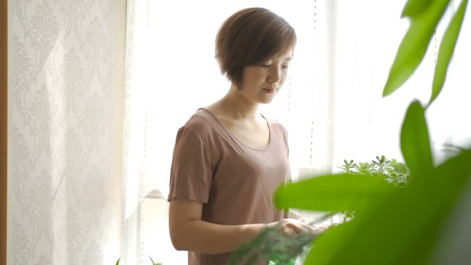 在家浇灌绿色植物的女人