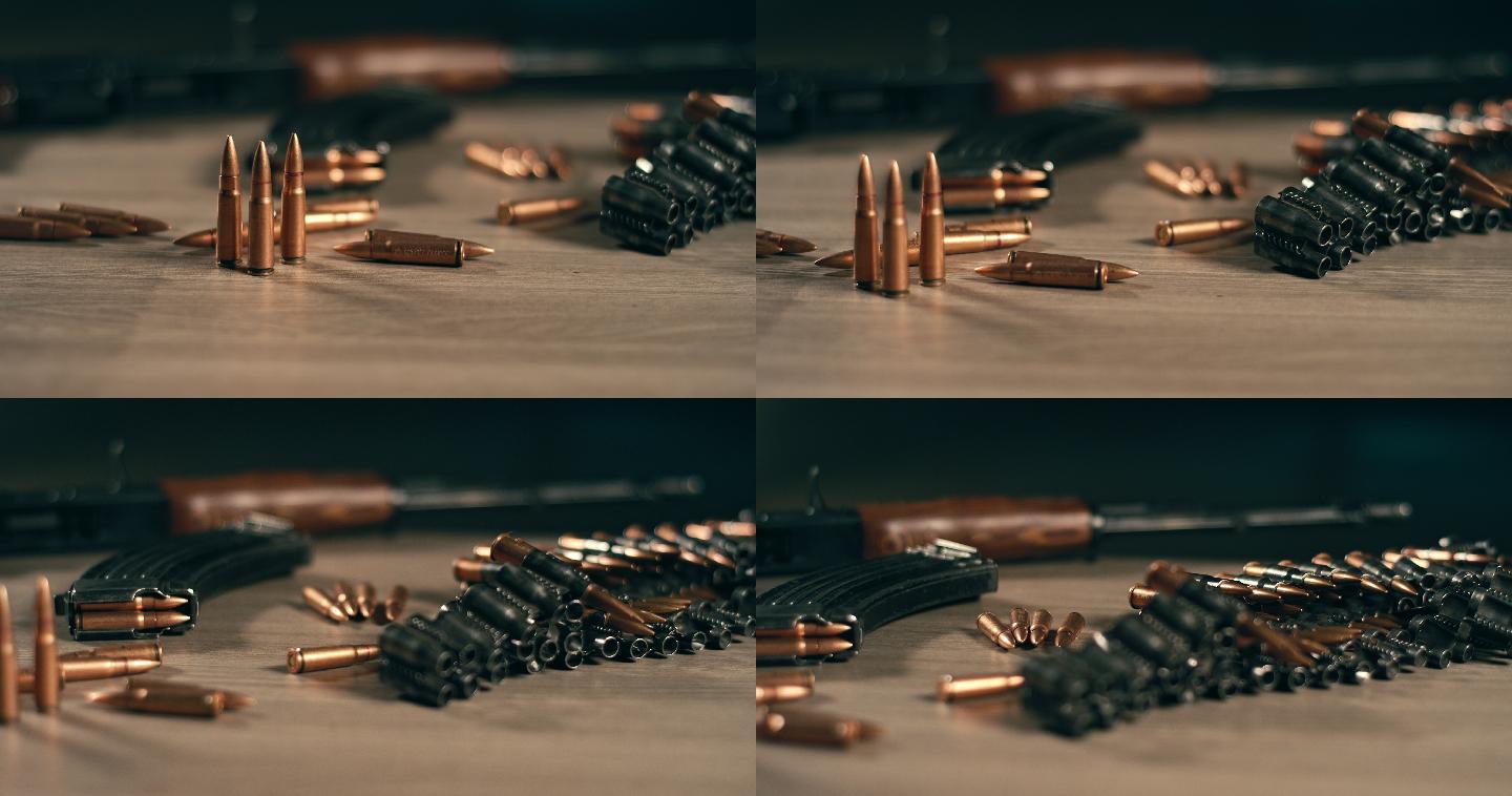 卡拉什尼科夫冲锋枪和清洁用品放在桌子上。随时可用