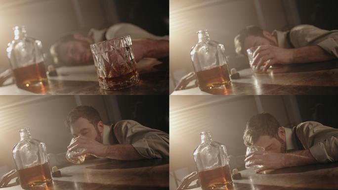 一位年轻的酒保手拿着一杯威士忌睡在桌子上，醒来呷了一口，然后又睡着了，摄像机将他放大缩小