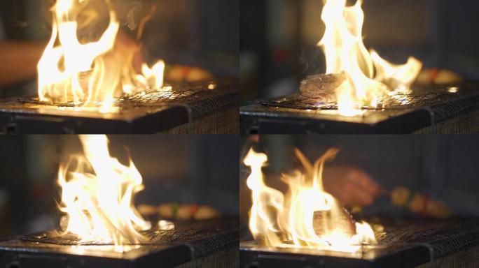 日本料理烤肉串烤炉美味着火