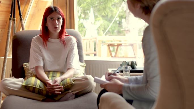 一位年轻女子正在与一位心理学家谈话
