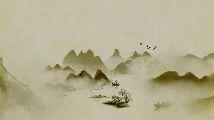 中国风水墨山水画卷穿梭动感舞台大屏背景
