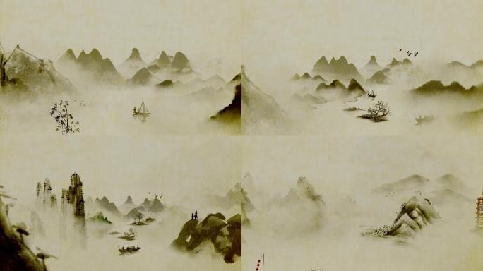 中国风水墨山水画卷穿梭动感舞台大屏背景