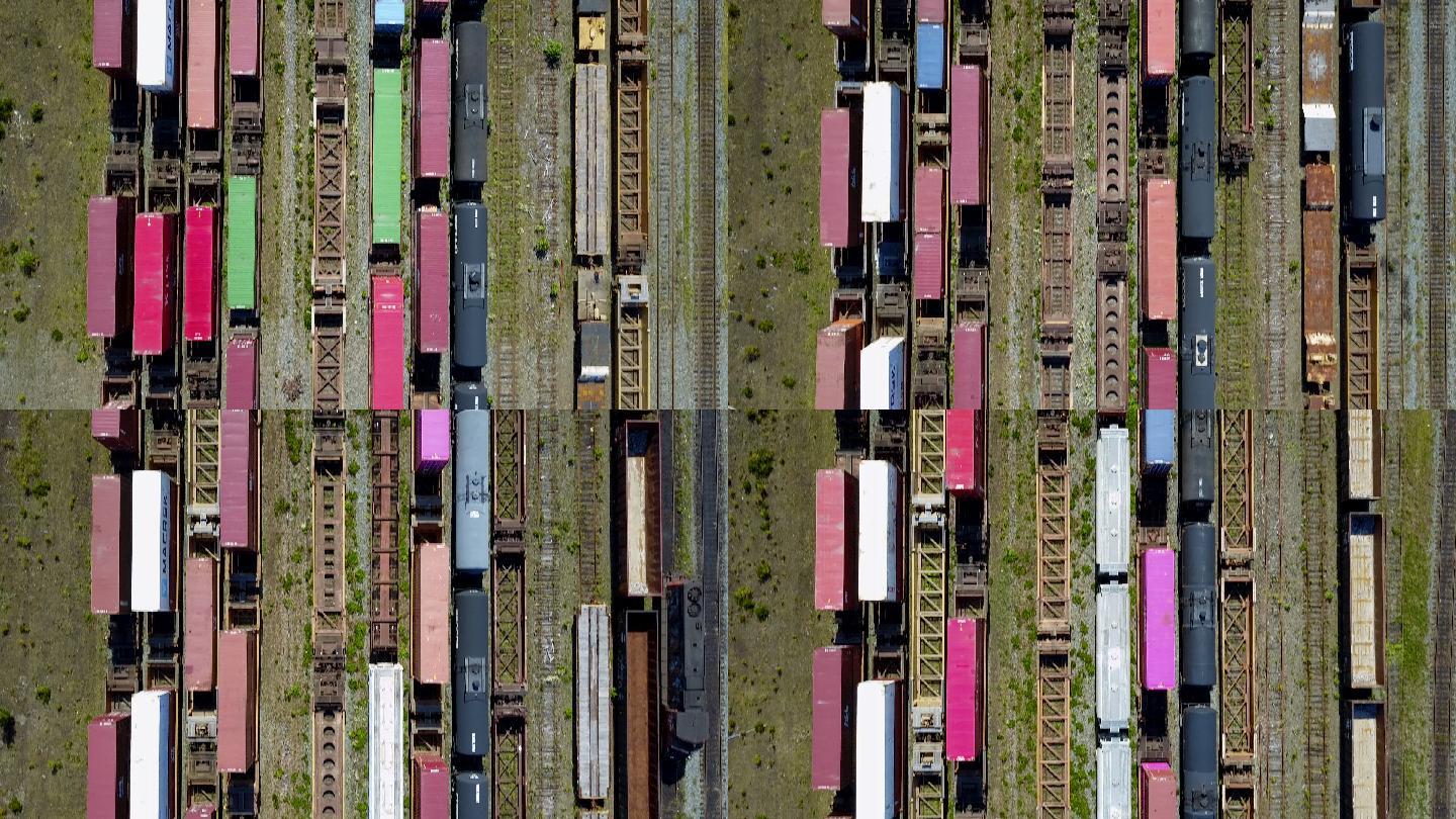 空中无人机视图：繁忙的铁路堆场