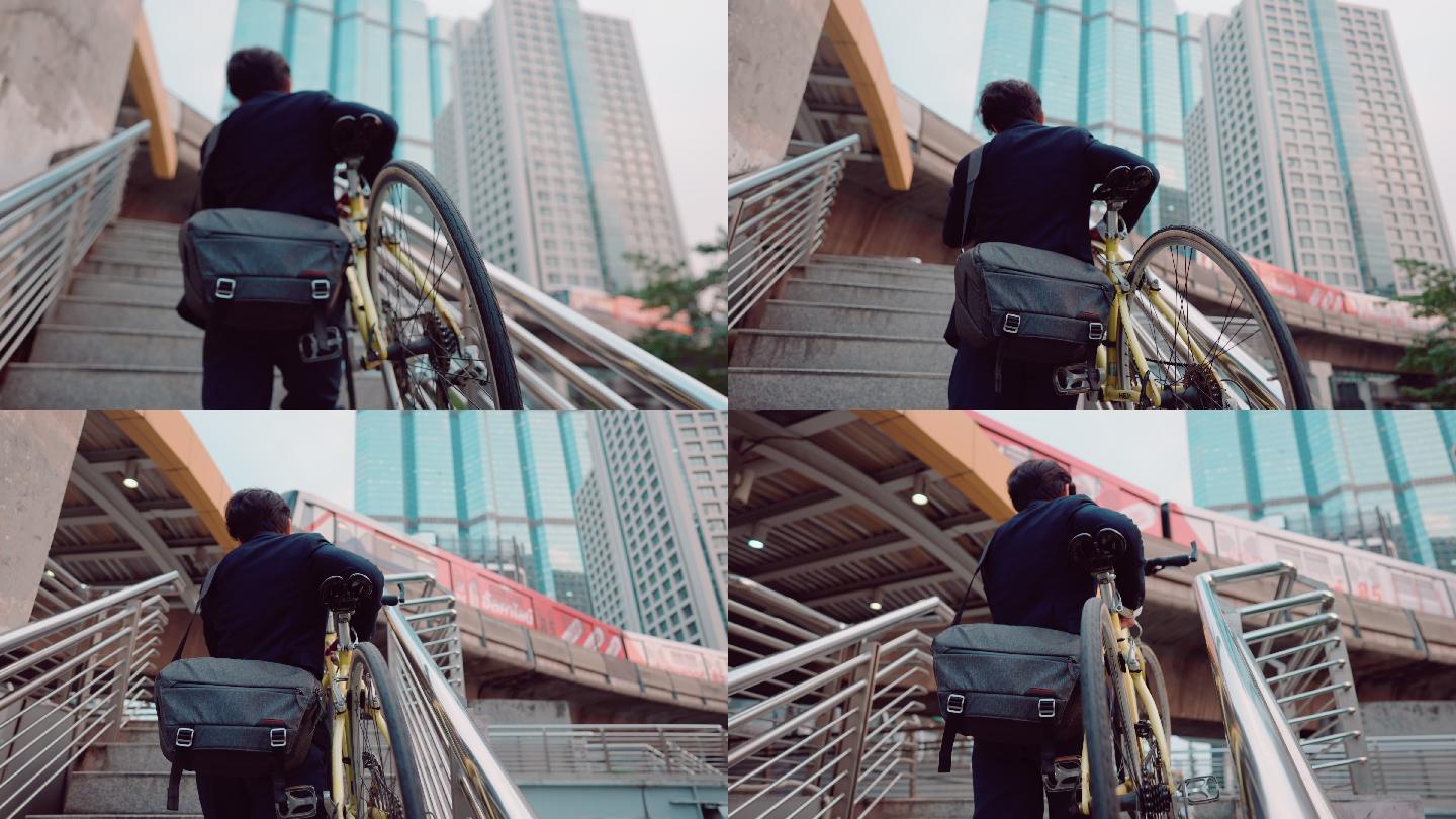 现代人骑着他的自行车在城市里旅行。