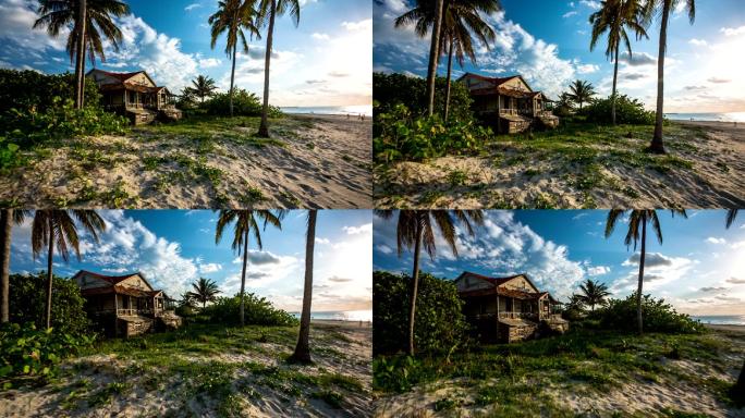 古巴：旅游：Steadicam拍摄了热带巴赫海滩上的老房子