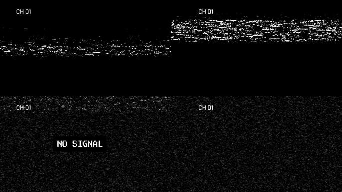 retro TV屏幕上无信号警告文字，闪烁的模拟色条静态噪音