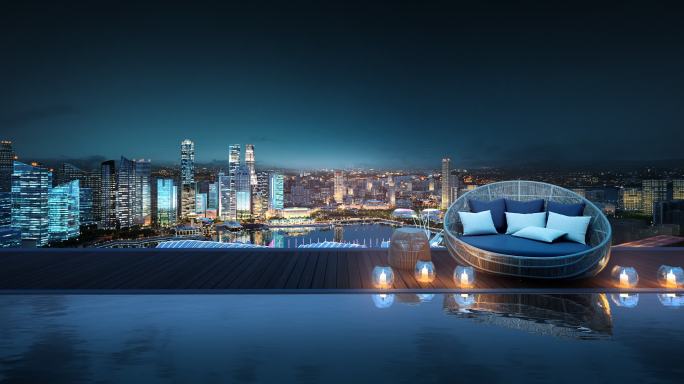 观景阳台屋顶泳池看城市夜景地产三维动画