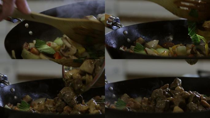 牛肉和鸡肉炒菜在国内厨房准备食物切碎剥皮切碎搅拌新鲜有机白菜甜椒蘑菇洋葱蔬菜和肉类视频系列