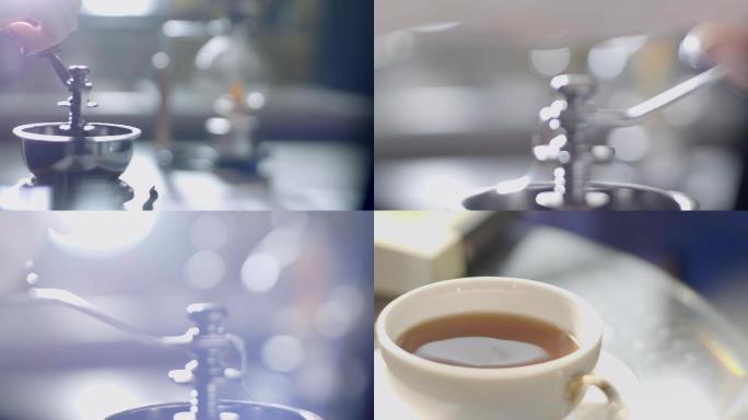 使用手磨咖啡机制作咖啡享受生活镜头组