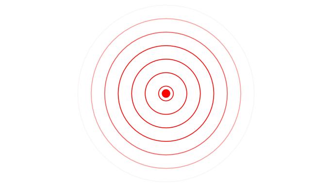目标图标带有无线电波，红色圆圈雷达接口信号带有同心环移动。无线电波、雷达或声纳动画。