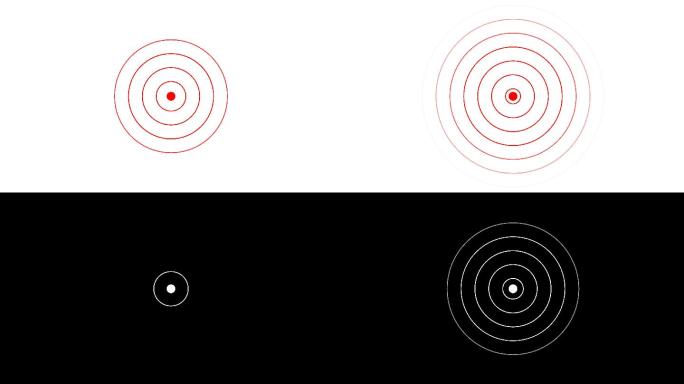 目标图标带有无线电波，红色圆圈雷达接口信号带有同心环移动。无线电波、雷达或声纳动画。