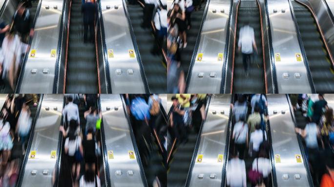 香港中央车站高峰时段乘客和游客在自动扶梯上行走和运行的4K延时