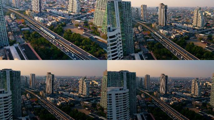 曼谷空中列车，列车进城，天际线，鸟瞰