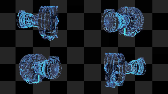 2K蓝色全息科技线框发动机素材旋转带通道