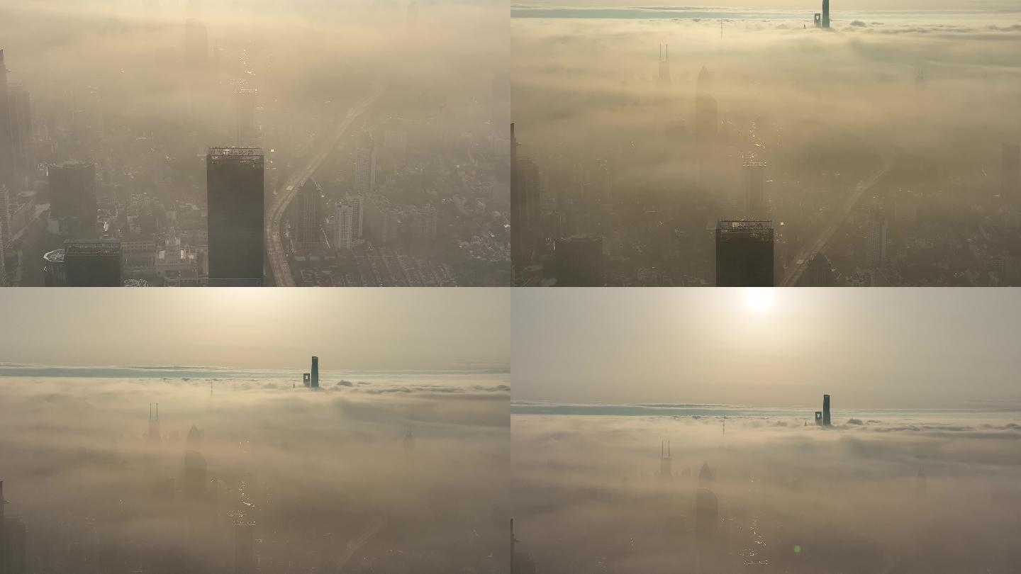 4K原素材-航拍清晨云雾中的上海城市全景