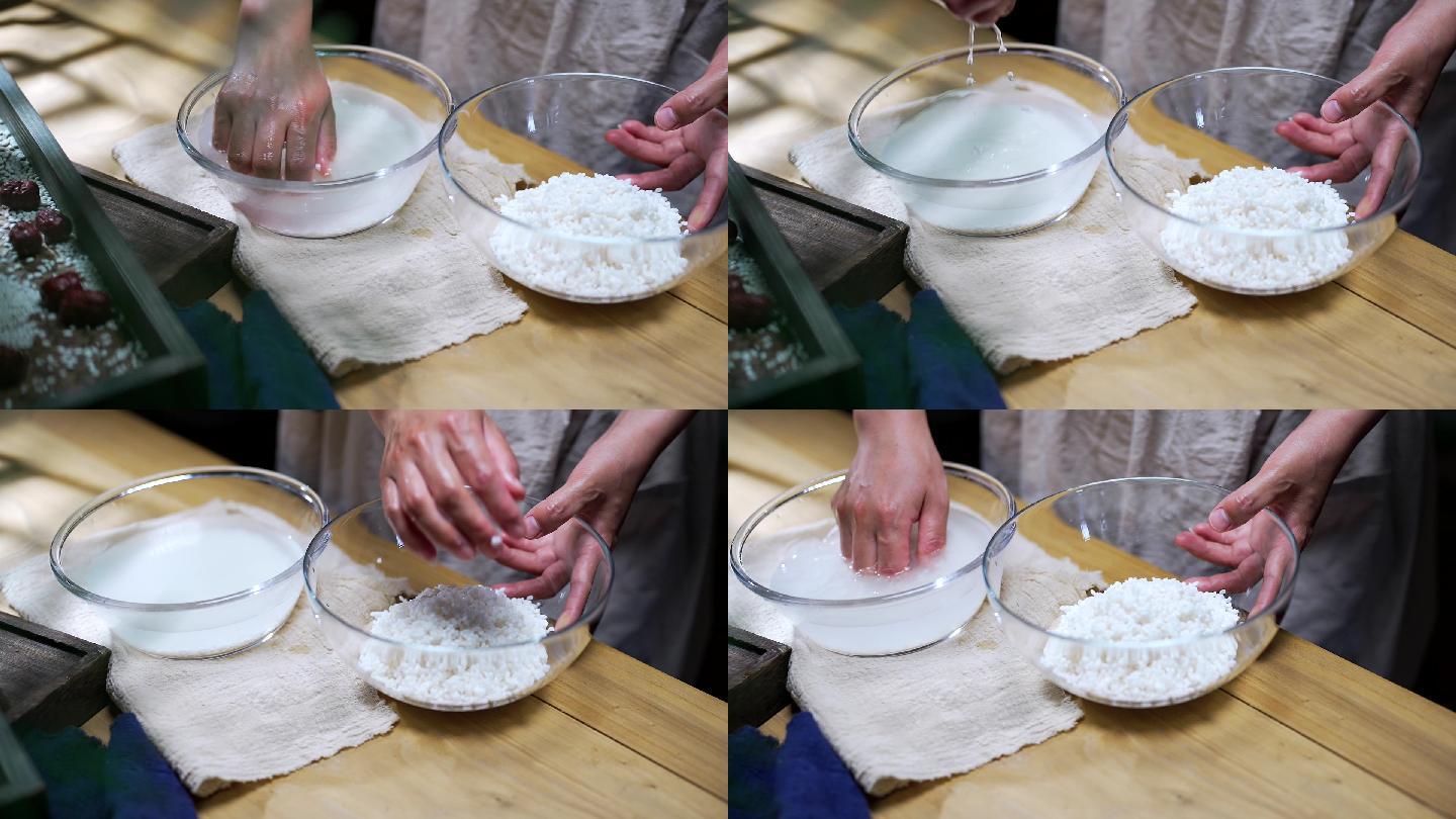 升格端午节包粽子流程浸泡挑选淘洗江米